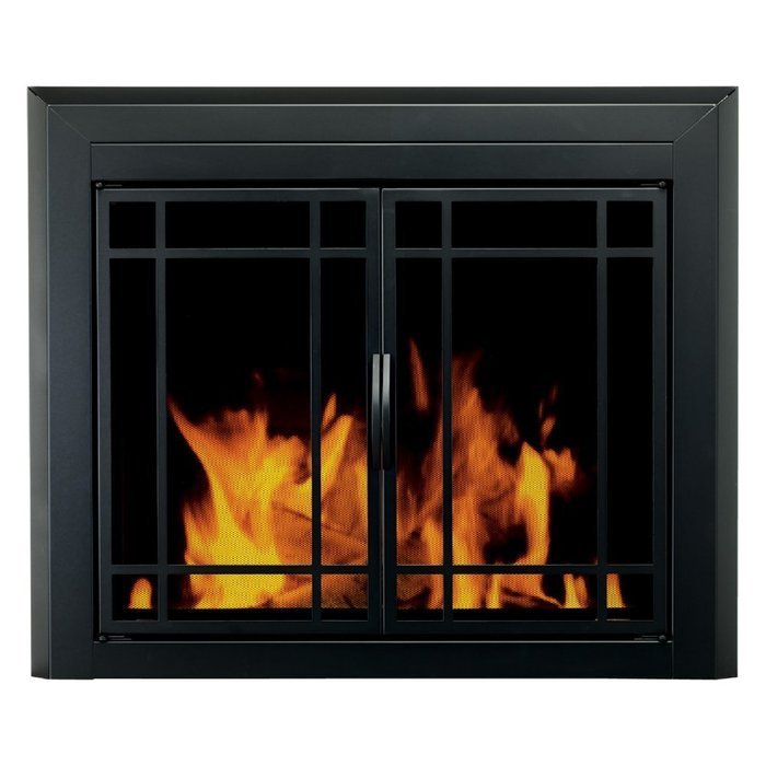 Pleasant Hearth Easton Prairie Cabinet Fireplace Screen and 9-Pane Smoked Glass Doors - Black