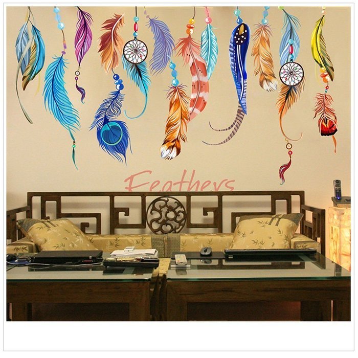 Feather Wall Stickers Removable DIY Mural Creative Background Colourful Living Room Decor Good Luck