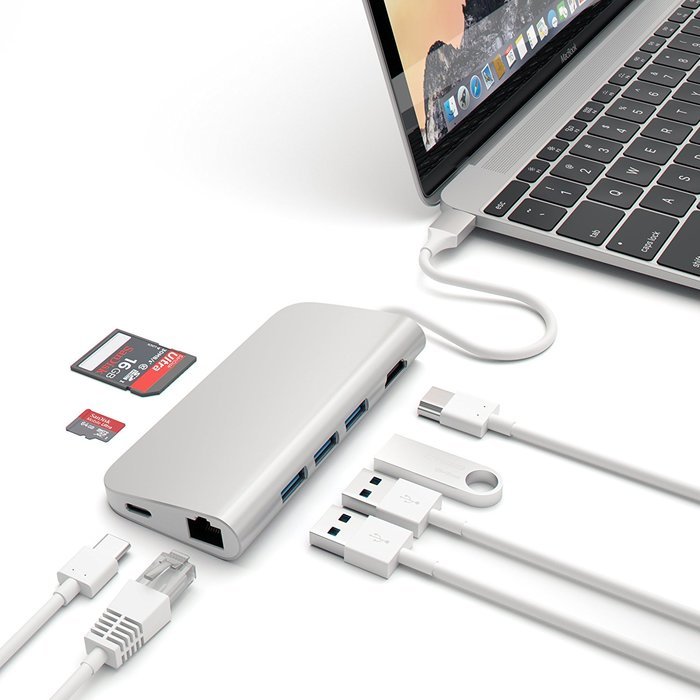 Satechi Aluminum Multi-Port Adapter 4K HDMI (30Hz), Type-C Pass Through, Gigabit Ethernet, SD/Micro Card Reader... N8