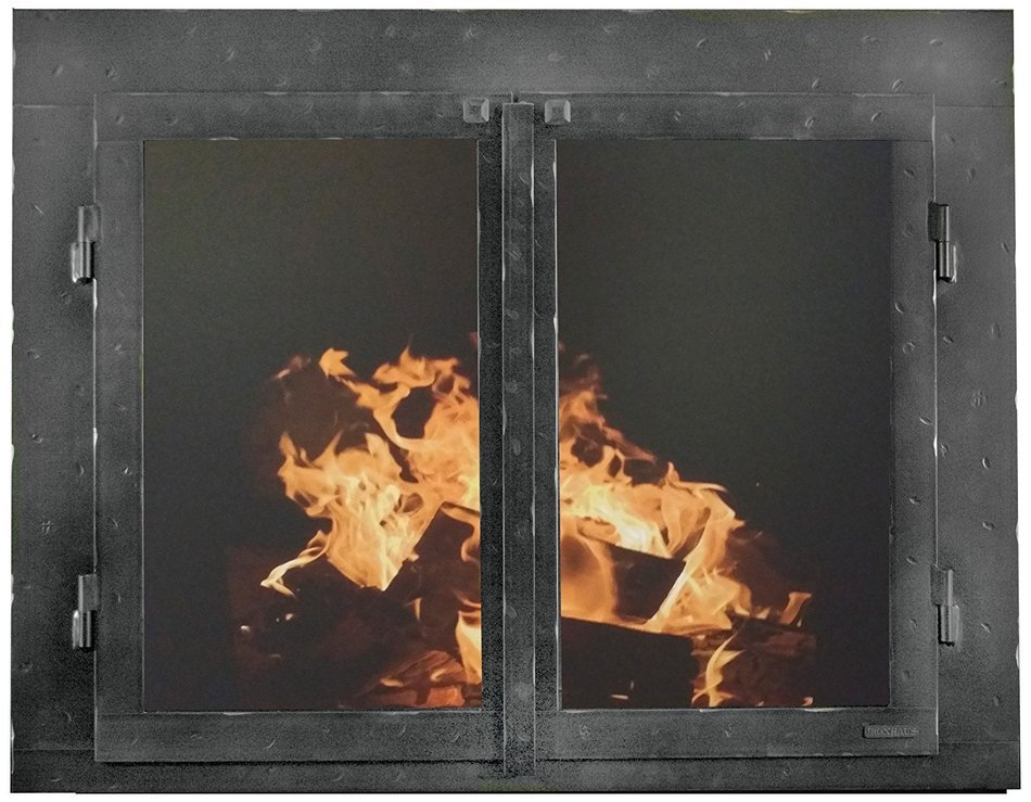 Ironhaus Iron Fireplace Glass Door with Gate Mesh with 4" Frame In Hammered Grained Pewter Finish, Cabinet (no...