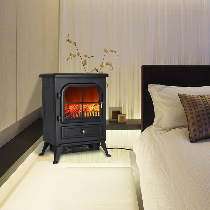 Finether 1500W Freestanding Portable Electric Fireplace Stove Heater with Openable Door, Realistic Flame and Logs... N9