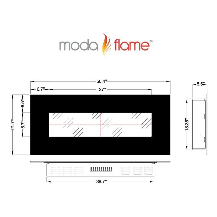 Moda Flame Oxford 50 Inch Pebble Electric Wall Mounted Fireplace in Black N3