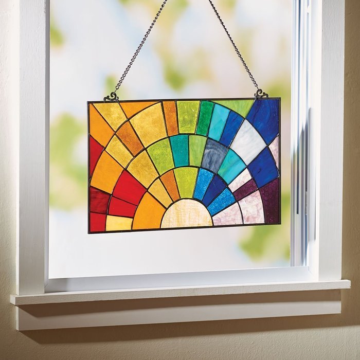 Rainbow Sunset Stained Glass Hanging Window Panel N2