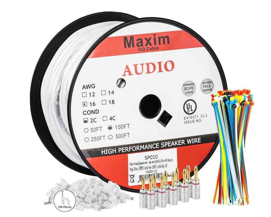In Wall Speaker Wire | 100 Feet | 12AWG CL3 Rated 2-Conductor Wire White Oxygen Free Copper includes banana plugs...