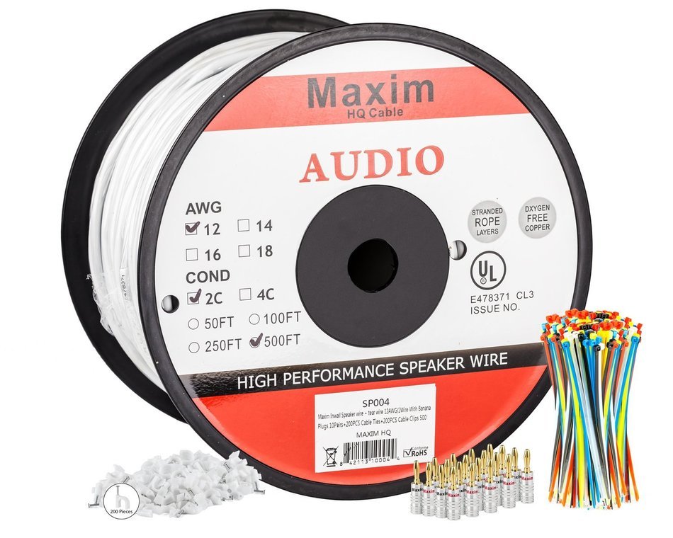 In Wall Speaker Wire | 100 Feet | 12AWG CL3 Rated 2-Conductor Wire White Oxygen Free Copper includes banana plugs... N2