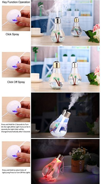 Taotuo 400ml Bulb Shape Colorful LED Night Lights USB Mini Desktop Aroma Humidifier Air Purifier Atomizer for... N3