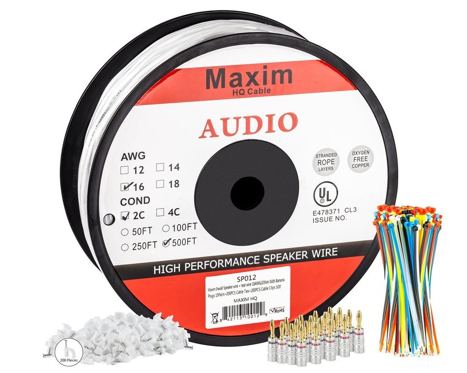 In Wall Speaker Wire | 100 Feet | 12AWG CL3 Rated 2-Conductor Wire White Oxygen Free Copper includes banana plugs... N8