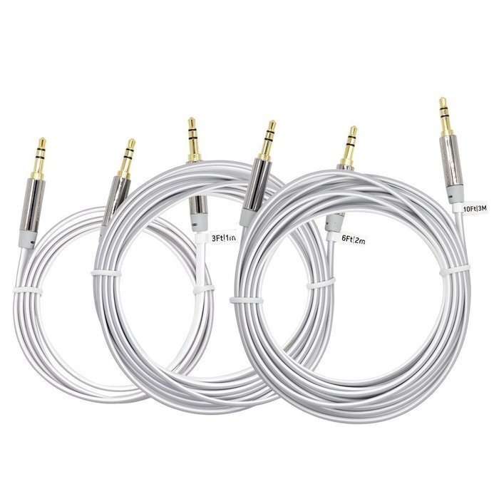 Flat Tangle Free Aux Cable (3 Pack) - 3.5 mm Auxiliary Audio Cable (3ft/6ft/10ft) - Gold Plated Connectors with... N3