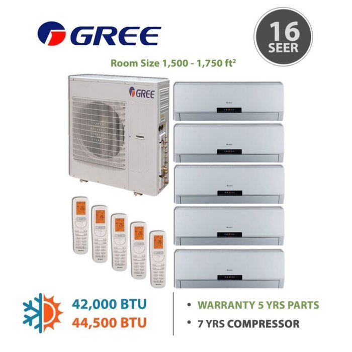 Gree +Multi Penta-Zone Mini Split Ductless Split 42,000 BTU Inverter Heat 9k 9k 9k 9k 12k N6