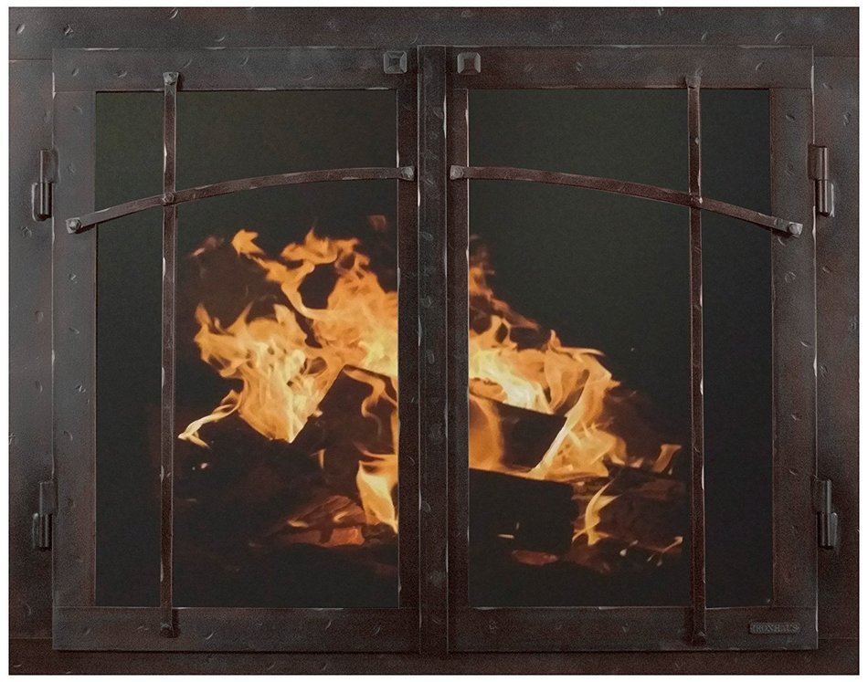 Ironhaus Iron Fireplace Glass Door with Gate Mesh with 2 1/2" Frame In Hammered Black Copper Finish, Craftsman...