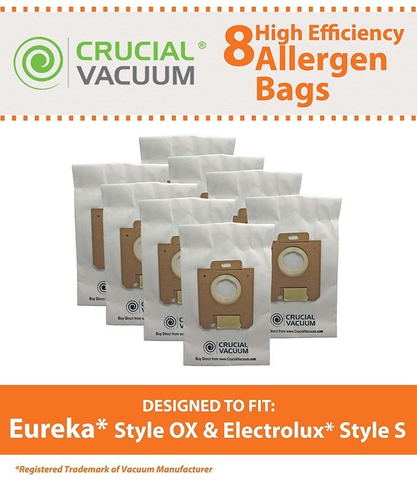 8 Eureka Style Ox & Electrolux Style S Paper Micro Allergen Bags, Compare To Part # 61230, Designed & Engineered...