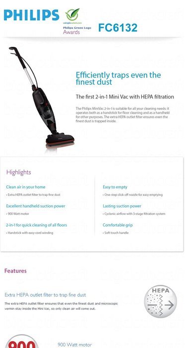 Philips Fc6132 Vacuum Cleaner Black Cyclone Hepa Filter Upright 220v N2