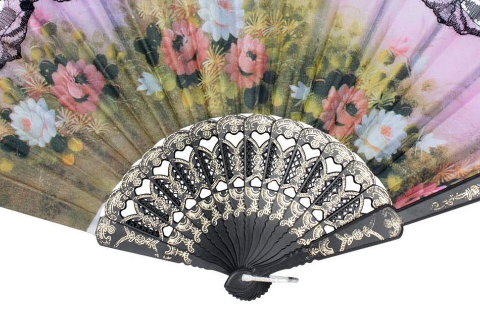 Leegoal(TM) Pink and Green Cherry Blossom Pattern Lace Bamboo Handheld Folding Fans for Girls Women N34