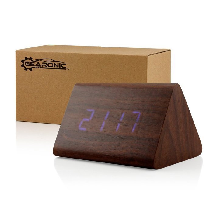GEARONIC TM Modern Triangle Wood LED Wooden Alarm Digital Desk Clock Thermometer Classical Timer Calendar Updated... N3
