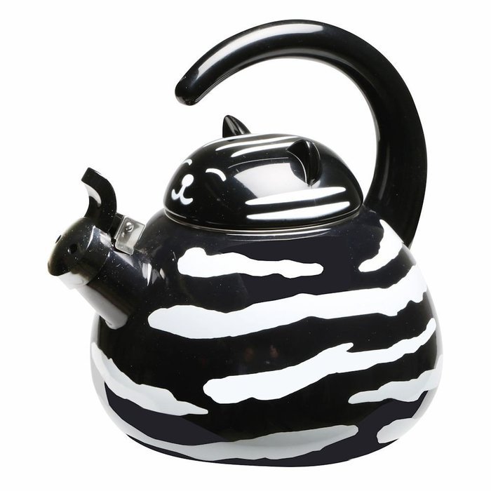 Whistling Black And White Tuxedo Cat Enamel Teakettle