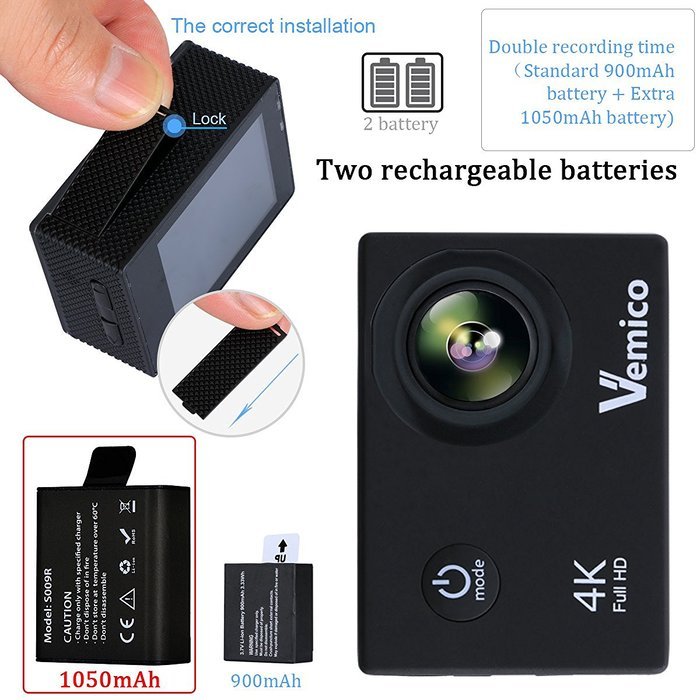 Vemico Action Camera 4K30FPS 16MP WIFI 2.0 Inch Screen Waterproof Sports Helmet Cam with Extra 1050 mAh Battery...