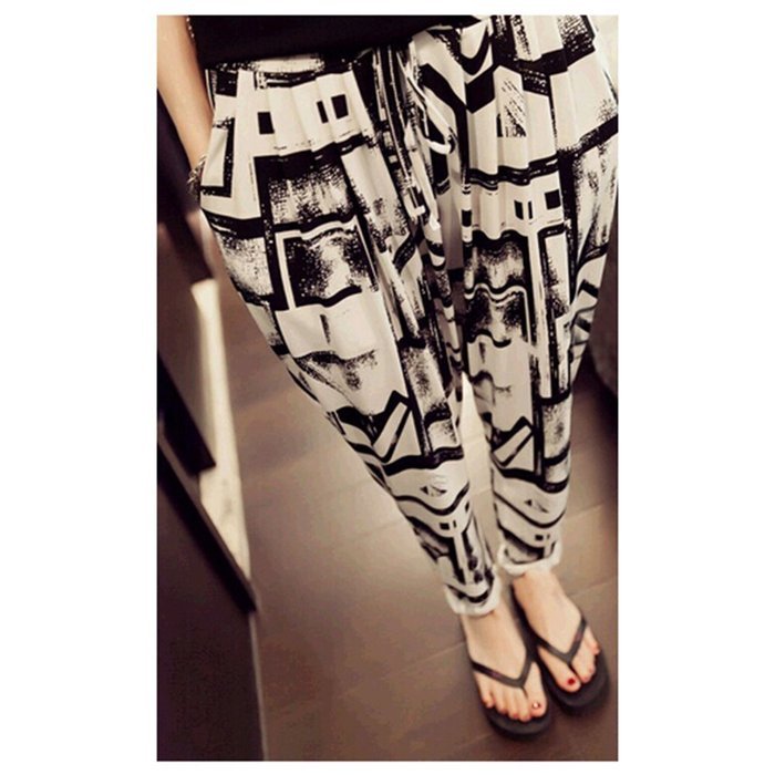 Yaheeda Women's Casual Print Flower Elastic Waistband Wide Leg Narrow Feet Long Chiffon Pants Trousers N4