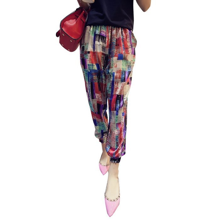 Yaheeda Women's Casual Print Flower Elastic Waistband Wide Leg Narrow Feet Long Chiffon Pants Trousers N5