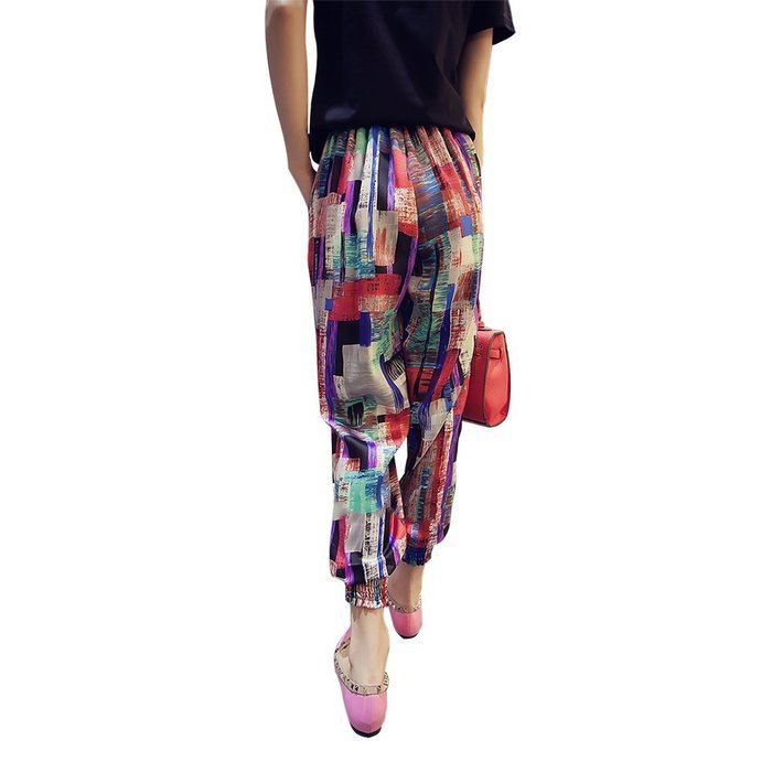 Yaheeda Women's Casual Print Flower Elastic Waistband Wide Leg Narrow Feet Long Chiffon Pants Trousers N6