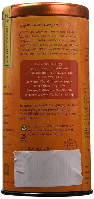 The Republic Of Tea Pumpkin Spice Black Tea, 50 Tea Bags, Autumnal Spice Blend N5