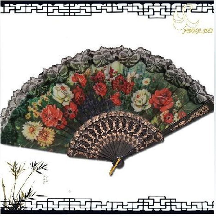 Leegoal(TM) Pink and Green Cherry Blossom Pattern Lace Bamboo Handheld Folding Fans for Girls Women N40