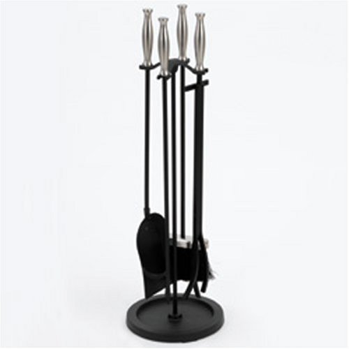 MODERN DECO Fireplace Hearth Woodstove Tool Set with BRUSHED NICKEL HANDLES - Round Base