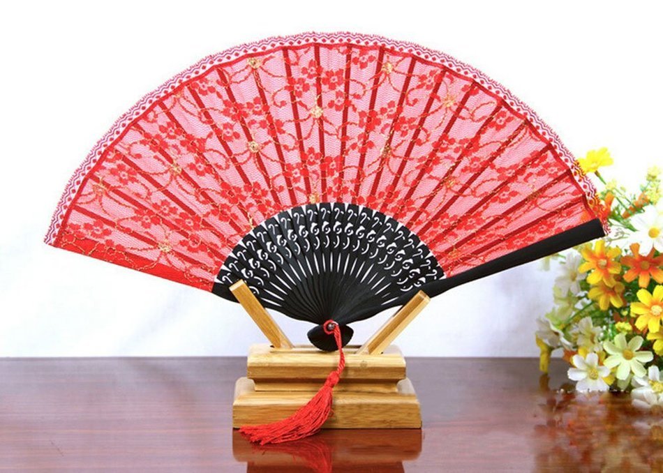 Leegoal(TM) Pink and Green Cherry Blossom Pattern Lace Bamboo Handheld Folding Fans for Girls Women N50