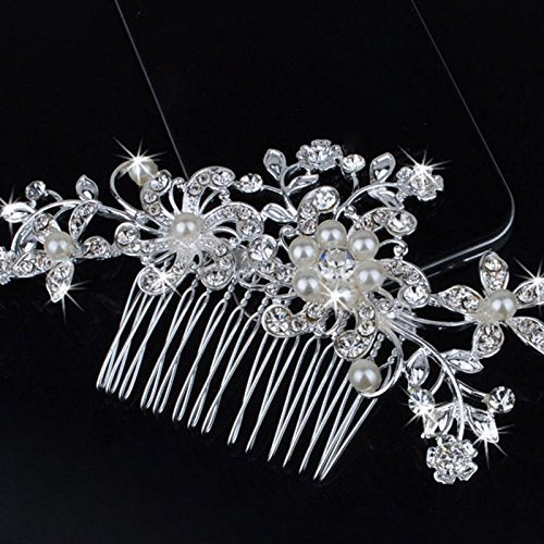 Wedding Bridal Jewellery Rhinestone Crystal Flower Pearls Silver Hair Comb Clip