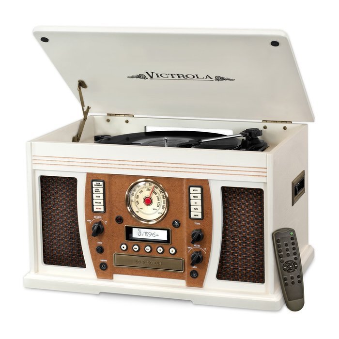 Victrola VTA-750B Nostalgic Aviator 7-in-1 Turntable Wooden Entertainment Center with Bluetooth, Oak