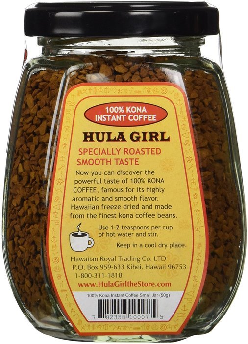 100% Hula Girl Instant Kona Coffee Freeze Dried Jar with Handle 1.4 oz (40g)