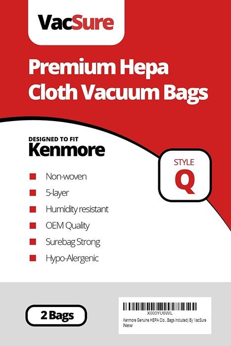 Kenmore Genuine HEPA Cloth Canister Vacuum Bags Type Q - (2 Bags Included) By VacSure N2