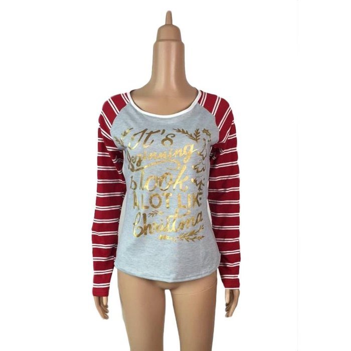AIMTOPPY Women Fashion Letter Print Stripe Round Collar Cotton Long Sleeve Casual Tops (S, Red) N4