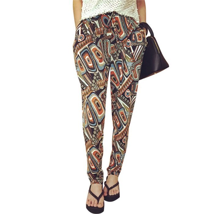 Yaheeda Women's Casual Print Flower Elastic Waistband Wide Leg Narrow Feet Long Chiffon Pants Trousers N8