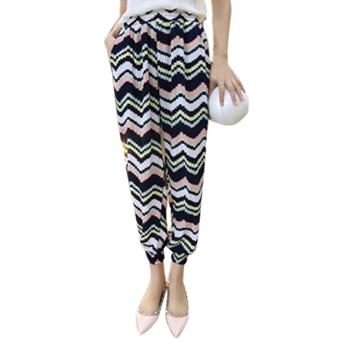 Yaheeda Women's Casual Print Flower Elastic Waistband Wide Leg Narrow Feet Long Chiffon Pants Trousers N9