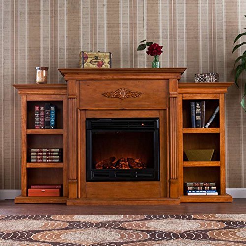 Electric Fireplace with Bookcases and storage Heater Glaxed Pine Finish N6