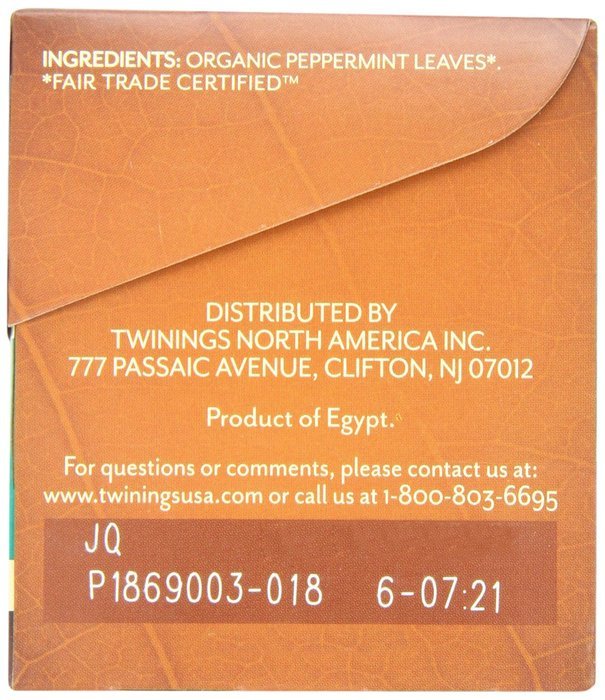 Twinings Pure Peppermint Herbal Tea, 1.41 Ounce Box, 20 Count N36