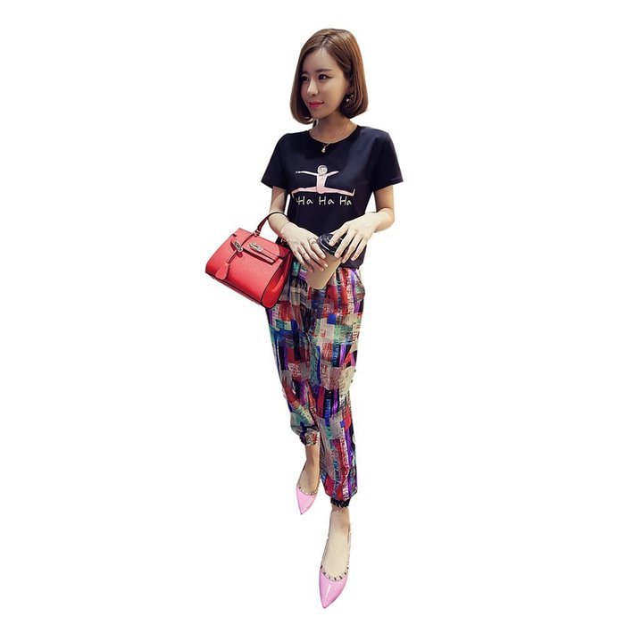Yaheeda Women's Casual Print Flower Elastic Waistband Wide Leg Narrow Feet Long Chiffon Pants Trousers N11