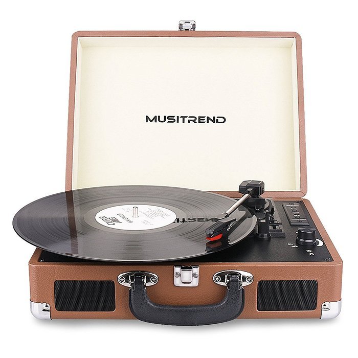 Musitrend Bluetooth Turntable Portable Suitcase Record Player with Built-in Speakers, USB/SD Recorder, Rechargable...
