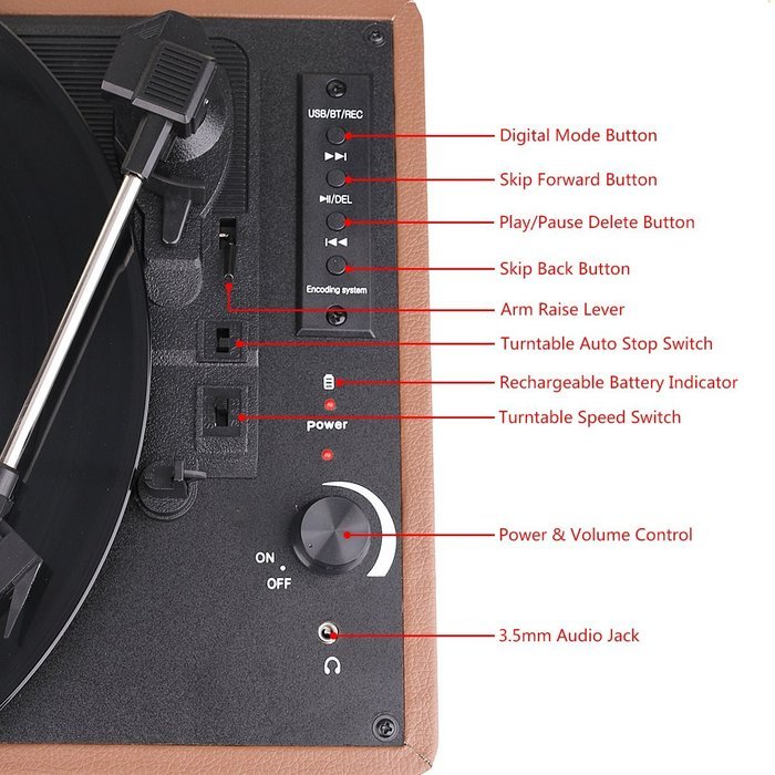 Musitrend Bluetooth Turntable Portable Suitcase Record Player with Built-in Speakers, USB/SD Recorder, Rechargable... N2