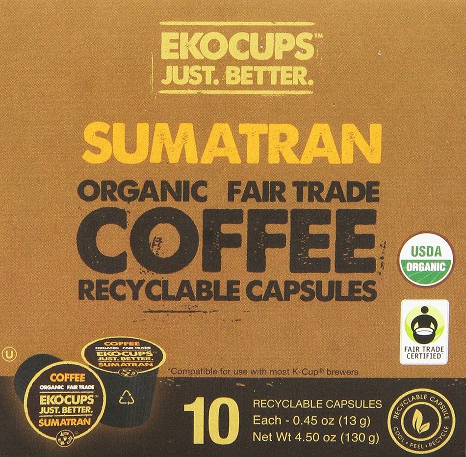 EKOCUPS Artisan Organic&nbsp;Sumatran Coffee, Dark roast, in Recyclable Single Serve Cups for Keurig K-cup Brewers,... N6