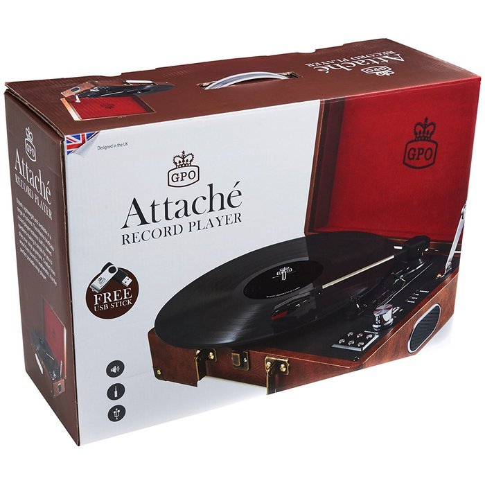 GPO Attache Briefcase Style 3-Speed Portable Vinyl Turntable with Built-in Stereo Speakers and USB Stick for Recording... N5