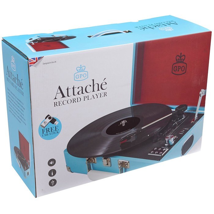 GPO Attache Briefcase Style 3-Speed Portable Vinyl Turntable with Built-in Stereo Speakers and USB Stick for Recording... N7