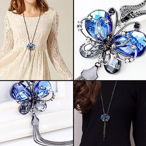 Women's Tassel Necklace Rhinestone Blue Butterfly Pendant Long Chain Divine