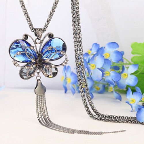 Women's Tassel Necklace Rhinestone Blue Butterfly Pendant Long Chain Divine N2