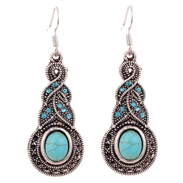 Retro 1 pair Natural Turquoise Tibet Silver exquisite Crystal Earrings Dangle