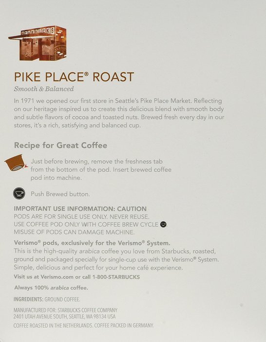 Starbucks Verismo Pike Place Coffee - 60 Pods N2
