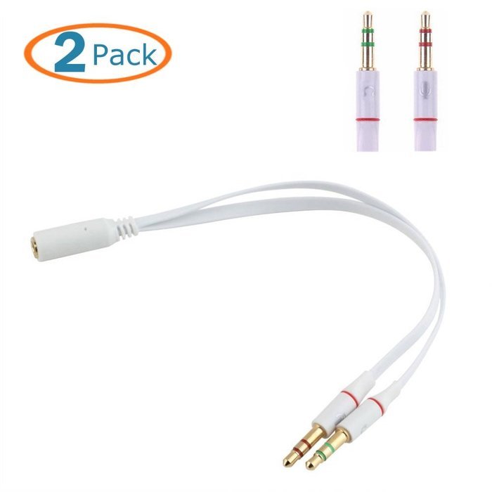 HTTX 3.5mm Female to 2 Male Gold Plated Headphone Mic Audio Y Splitter Flat Cable, (Black, 2-Pack)