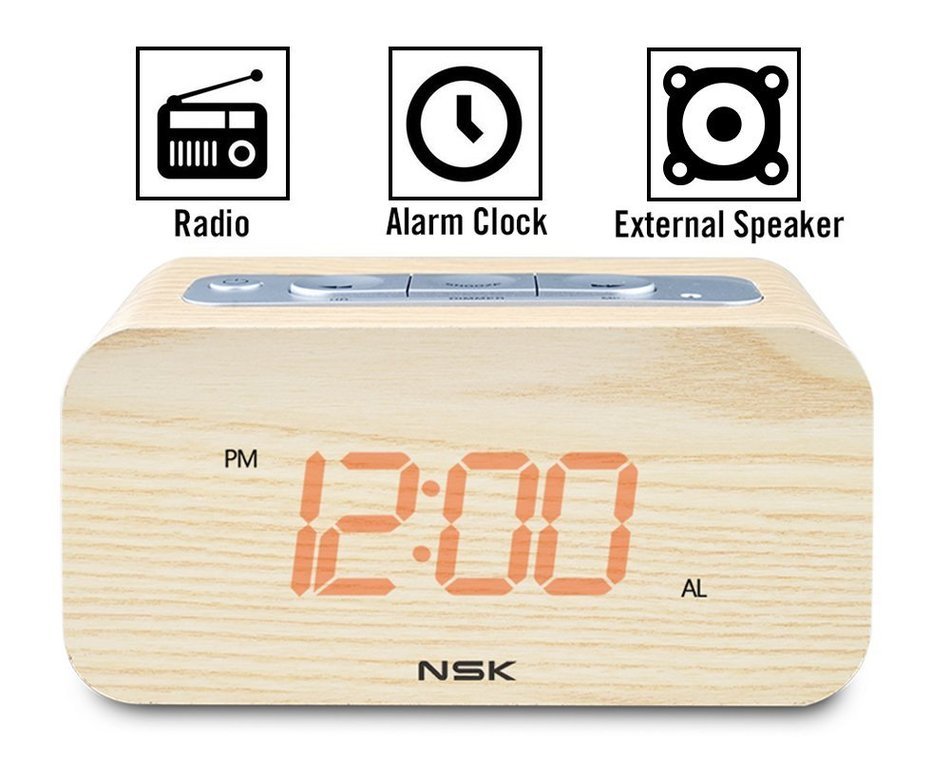NSK Wood Grain Clock Radio Stereo Audio Speaker Dual Alarm Sleep Memory Function
