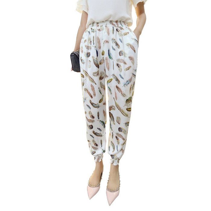 Yaheeda Women's Casual Print Flower Elastic Waistband Wide Leg Narrow Feet Long Chiffon Pants Trousers N14