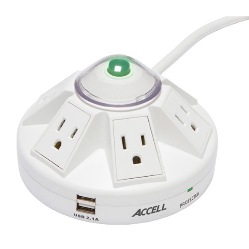 Accell D080B-012K Powramid 6-Outlet Surge Protector - 1080 Joules, 4-Foot (1.2-Meter) Cord, White, UL Listed